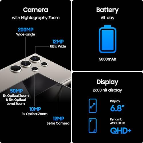 SAMSUNG Galaxy S24 Ultra Cell Phone, 256GB AI Smartphone, Unlocked Android, 200MP, 100x Zoom Cameras, Long Battery Life, S Pen, US Version, 2024, Titanium Black